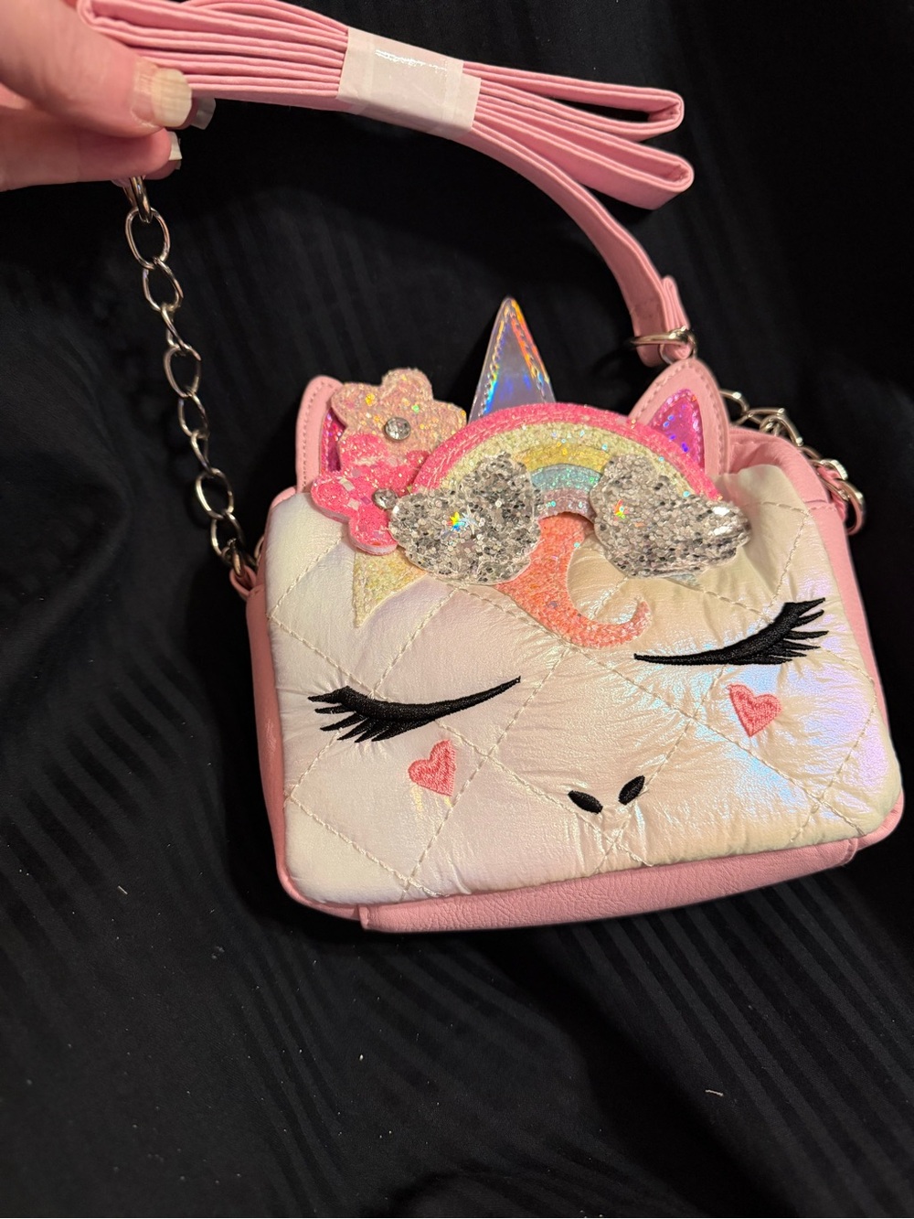 Girls Pink Unicorn Crossbody Bag with Glitter Rainbow Accent